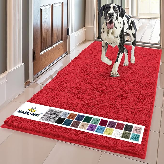 Muddy Mat® | Super Water Absorbent Door Mat Indoor, Microfiber Quick Dry Chenille Entryway Rug, Slip Resistant Front Door Mat, Indoor Mats for Entryway, Machine Washable Pet Rug, Red 24" x 72"