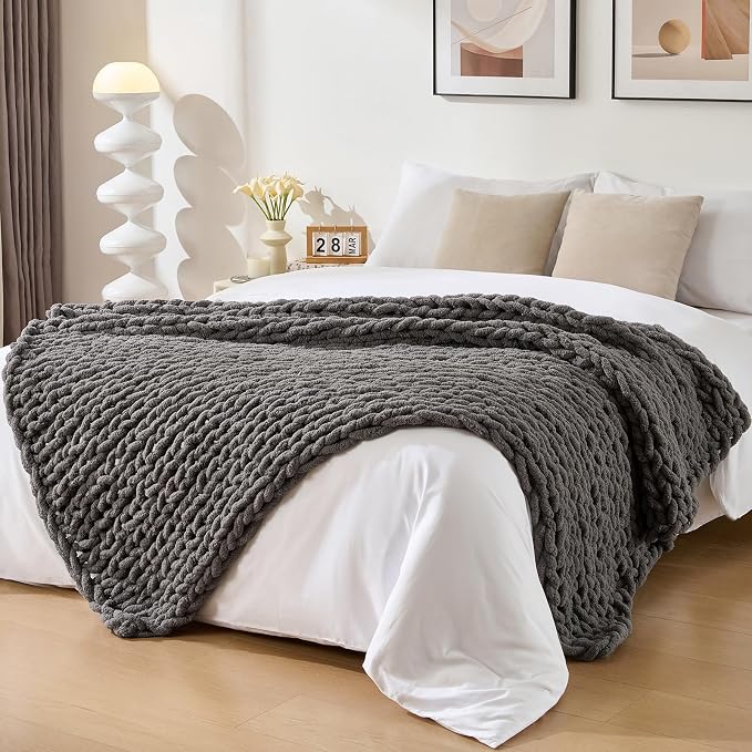 Bigacogo Chunky Knit Throw Blanket for Couch, 51x63 inches, Slate Gray | Hand Knit with Jumbo Chenille, Soft Breathable Cable Knit for Sofa Bed Living Room, Machine Washable, Gift for Mom Friend