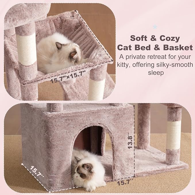 Heybly Heavy Duty Cat Tree with Large Base for Large Indoor Cats HCT026MU | Cat Tower with Scratching Posts, Tall Cat Condo House , Multi-Level Plush Furniture with Hammock & Toy Balls, Rosy Brown