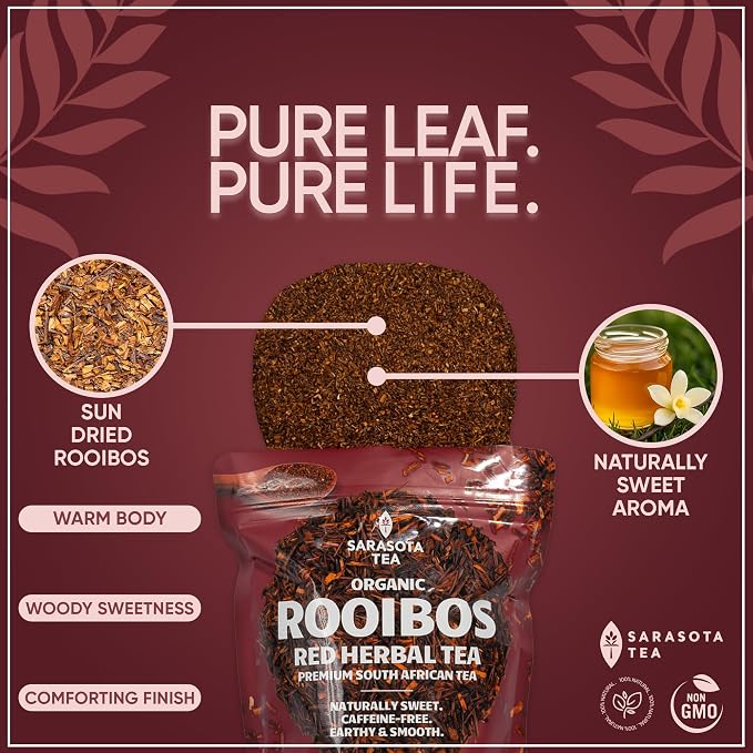 Organic Rooibos 1lb Loose Leaf Tea | 100% Pure South African Red Tea | Naturally Caffeine-Free | USDA Organic | Smooth & Earthy Flavor | Herbal Wellness | Non-GMO
