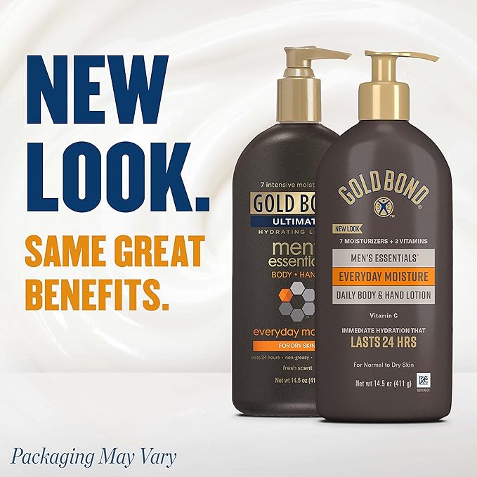 Gold Bond Men's Essentials Everyday Moisture Daily Body & Hand Lotion For Men, 14.5 oz., With Vitamin C, (Pack of 2)