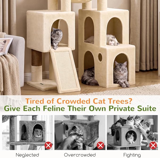 Globlazer Tall Cat Tower for Indoor Adult Cats, 72-inch, S72G, Beige | Heavy Duty Cat Tree House for Big Cats with 2 Extra-Large Padded Platform, 7 Sisal Scratching Posts, 3 Large Condos