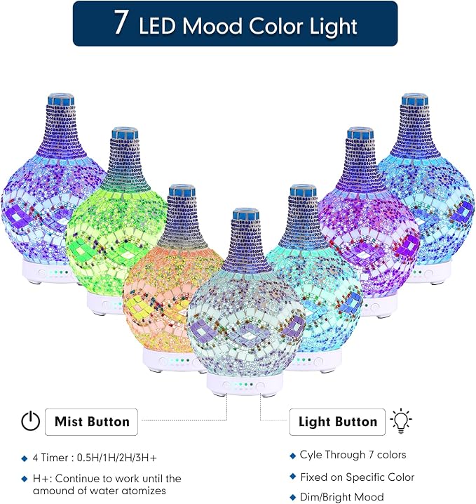 Mosaic Glass Essential Oil Diffuser,Tiffany Aromatherapy Diffuser 100ml Turkish Moroccan Color Changing Aroma Ultrasonic Diffusers Cool Mist Air Diffuser for Sleeping SPA Office Home