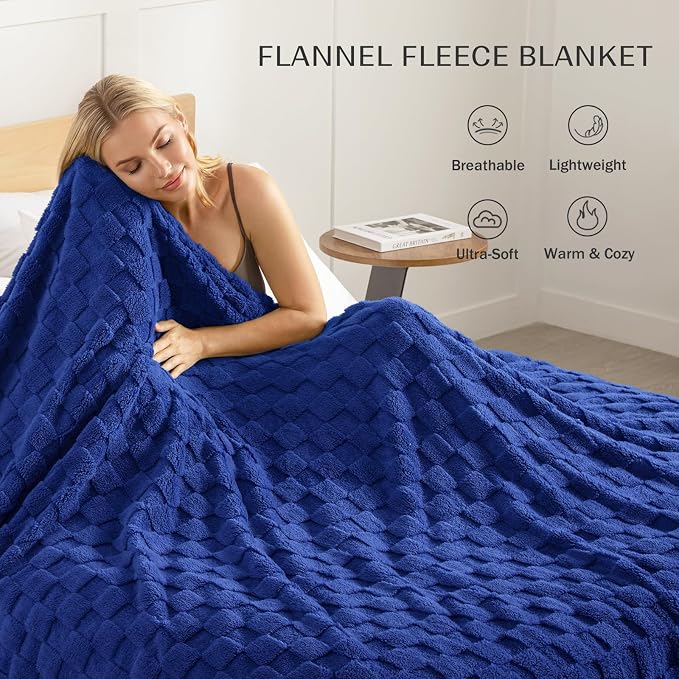 Exclusivo Mezcla 3D Checkered Fleece Queen Blanket for Bed, Cobalt Blue | Super Soft and Cozy Fluffy Blanket, Lightweight, Breathable, Decorative Blanket for Living Room, Bedroom, All Season, 90"x90"