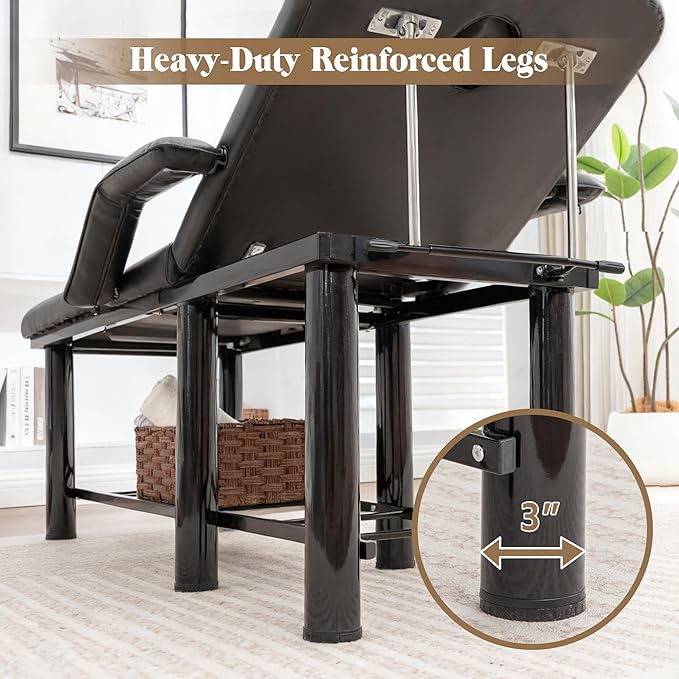 Professional Massage Bed Stationary Adjustable Massage Table Spa Bed 73" x27.5” Physical Therapy Table with Memory Foam Salon Bed w/Removable Headrest (Black with Armrest)
