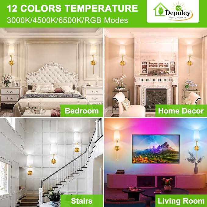 Depuley Battery Operated Wall Sconce: 27" Set of 2 Wireless Wall Lights with Remote for Bedroom - Rechargeable 15 Colors Gold Wall Lamp for Living Room Hallway Decor