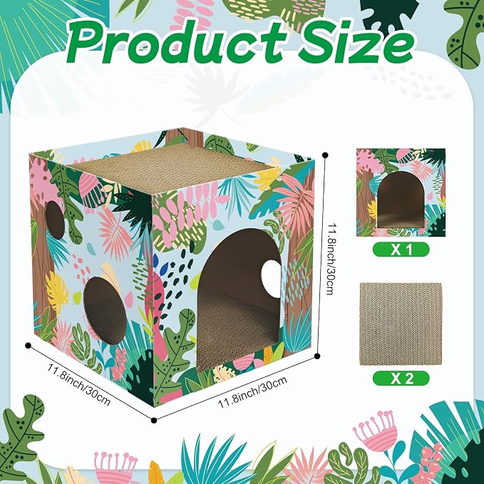 Cinrobiye Cardboard Cat House with 2 Pcs Scratching Pad，Pet Hideaway Cave Board Bed Playhouse Condo Box Decor Small Animals Scratcher Bed for Indoor Cats Kittens Rabbits Bunny