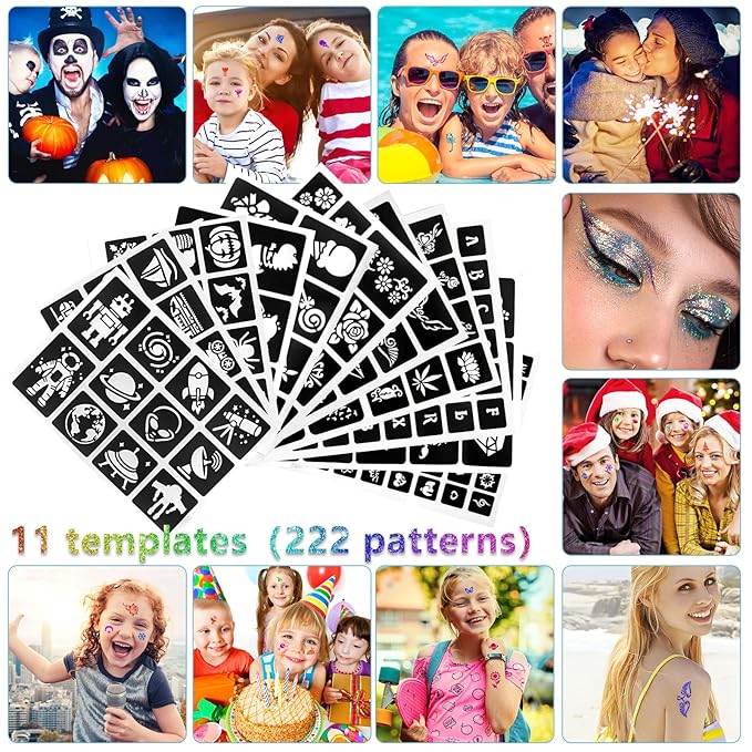 Temporary Glitter Tattoos Kit for Kids,36 Glitter Colors,222 Stencils,3 Glue,5 Brushes,Adults and Kids Arts Glitter Kit, Gifts for Girls & Boys Birthday Party Christmas Day.