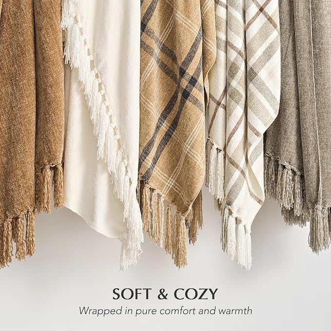 Chenille Knit Throw Blanket for Couch, 50"x60", Ivory White | Cozy Plush Fuzzy Knittd Throw with Tassels, Lightweight, Decorative, Farmhouse Decor, Ideal for Bed Sofa Gift, All Seasons