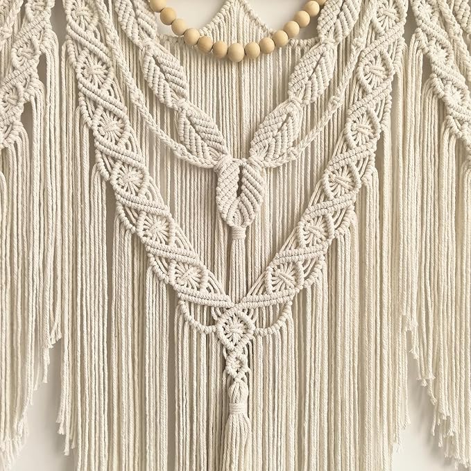 large macrame wall hanging - Boho Tapestry Macrame Wall Decor Art- Chic Bohemian Handmade Woven Tapestry Home Decoration for Bedroom Living Room Apartment Wedding Party - 43"x32" (Wood bead-A)