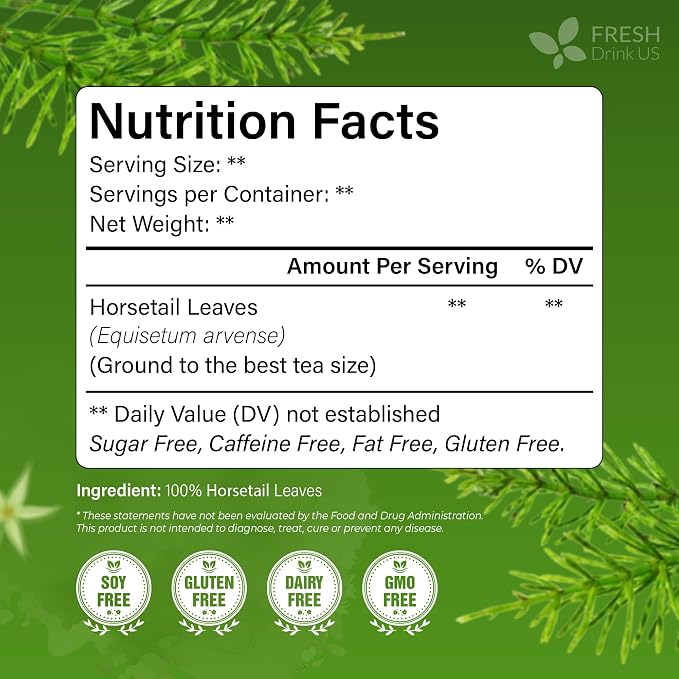 FreshDrinkUS, Premium 30 Horsetail Leaf Tea Bags, 100% Natural & Pure from Horsetail Loose Leaves Herbal Tea. Made with Natural Material Tea Bags. No Sugar, No Caffeine, No Gluten, Vegan.