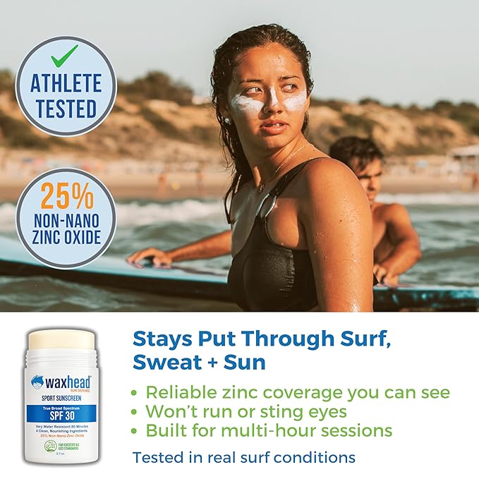 Waxhead Zinc Oxide Sunscreen Stick SPF 30 – Mineral Sunblock for Face & Body, Sport & Surf Reef Safe, Waterproof, Baby & Kids Safe for Sensitive Skin, Non-Nano Organic Tattoo Protection (White, 3.7oz)