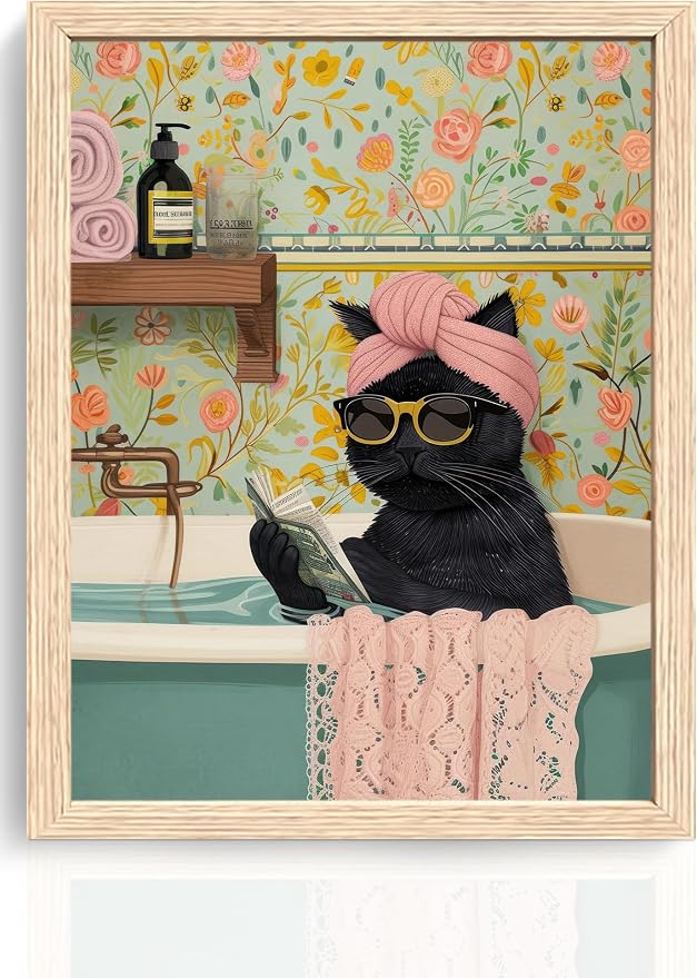 ICHZUMW Framed Funny Black Cat in Bathtub Canvas Bathroom Wall Art 8x10 In | Humorous Cat Wearing Sunglasses Reading Book, Girly Pink Dopamine Bathroom Wall Decor, Restroom Powder Room, Ready to Hang