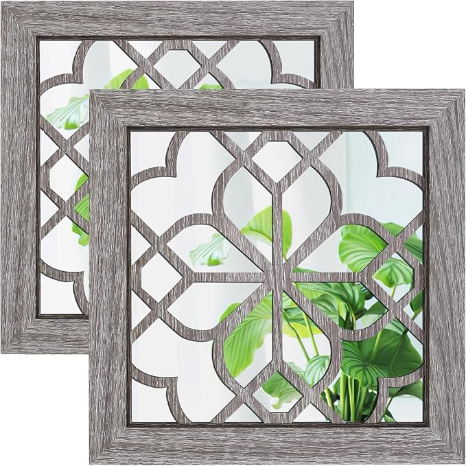 Boho Wall Mirror Decor, Set of 2 Rustic Farmhouse Accent Mirrors 12x12 Inch, Square Acrylic Shatterproof Vintage Style Mirror for Wall, Small Decorative Mirrors for Living Room, Bedroom, Brown