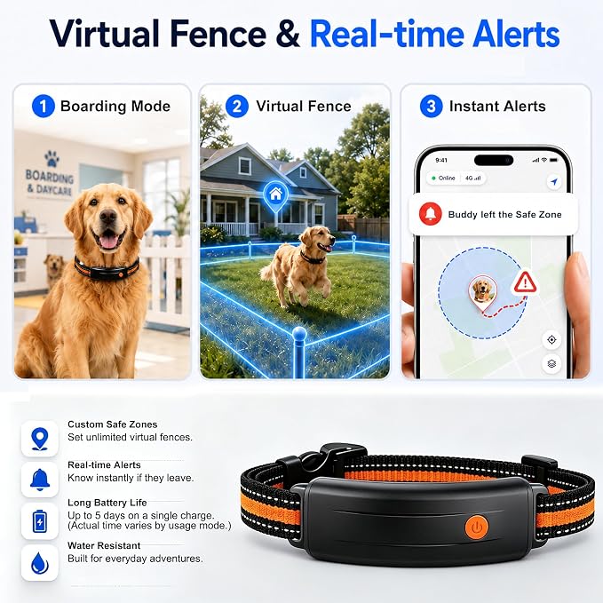 4G LTE GPS Pet Tracker & Virtual Fence, Real-Time Location, Heart Rate & Activity Monitor, Remote Training Smart Collar for Large Cats, Small, Medium and Large Dogs (Black)