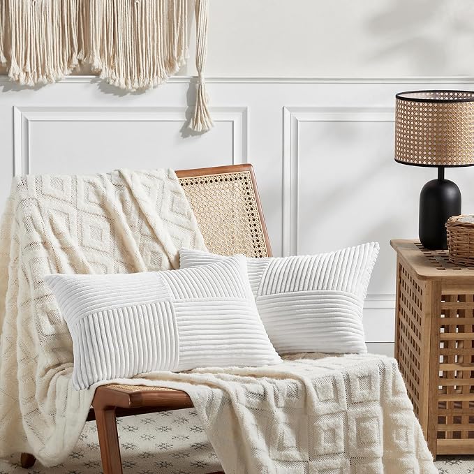 Fancy Homi White Lumbar Decorative Throw Pillow Covers 20x28 Inch for Living Room Couch Bed Sofa, Rustic Farmhouse Boho Home Decor, Soft Striped Corduroy Rectangle Accent Cushion Case 50x70 cm