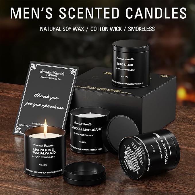 4 Pack 8OZ Scented Candles for Men - Candles Gifts for Men, Soy Wax, Cotton Wick, Birthday, Christmas, Anniversary Present, Valentine