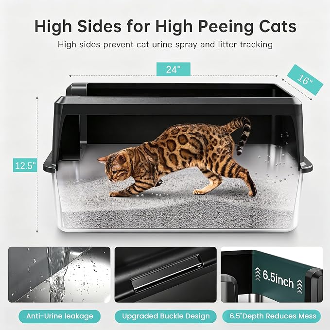 WoofiGo XL Stainless Steel Litter Box, High Sided Litter Pan for Big Cats | XL for Big Cats, Anti-Urine Leakage, Non-Stick Odor-Free, Easy Clean, High Sides Block Spray, Reduce Litter Tracking, Durable