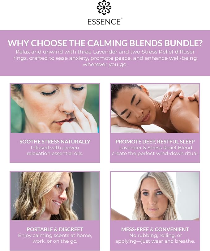 Essence Nasal Diffuser Calming Bundle – Aromatherapy Essential Oil Silicone Nose Rings for Stress & Sleep Support – Wearable Lavender & Stress Relief Blends for Relaxation & Nighttime Use