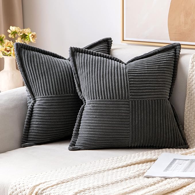 MIULEE Decorative Throw Pillow Covers for Couch 20x20 Inch Dark Grey 2 Pack | Boho Broadside Striped Patchwork Pillow Covers, Soft Corduroy Cushion Cases, For Sofa Bed Livingroom Home Decor
