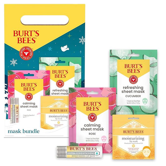 Burt’s Bees Mothers Day Gifts Set, Face Mask Bundle, Ultra Conditioning Lip Balm and Moisturizing Lip, Refreshing Sheet and Calming Sheet Masks, 1 Gift Set