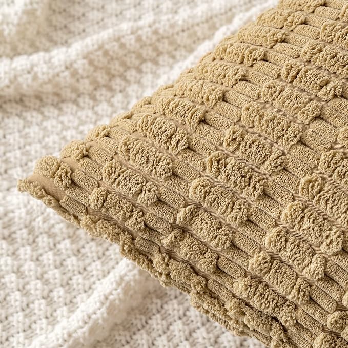 MIULEE Lumbar Corduroy Decorative Throw Pillow Covers 12x20 Khaki Pack of 2 | Soft Boho Striped Pillow Covers Modern Farmhouse Fall Home Decor For Sofa Living Room Couch Bed