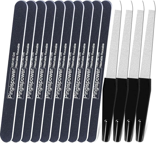 Nail File Kit (14 Pack), Professional Reusable Emery Boards Nail Files for Natural & Acrylic Nails, 100/180 Grit Double Sided & Washable Manicure Kit for Women and Men, Home Salon & Travel