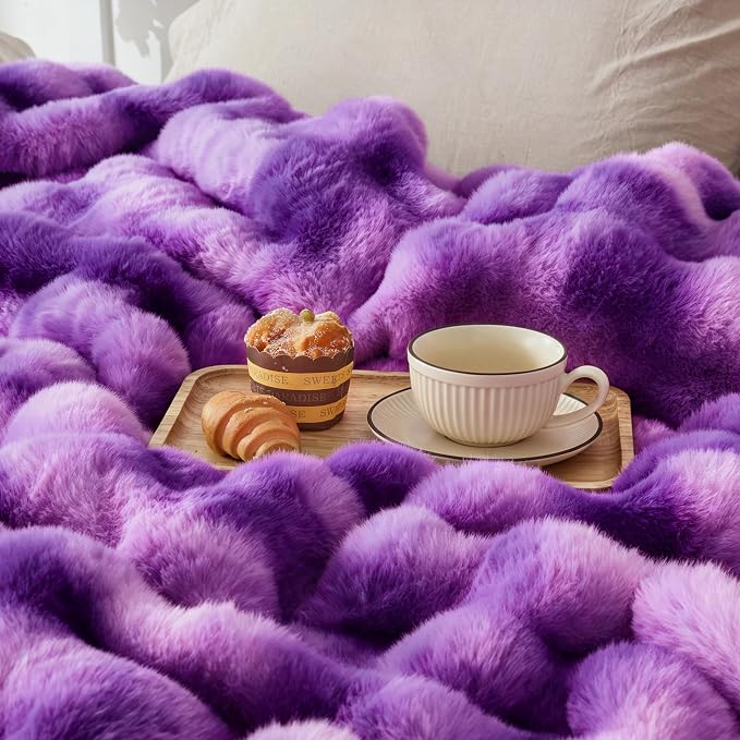 Luxury 1000GSM Rabbit Faux Fur Blanket, Super Warm Cozy Brown Blankets for Couch Bed Sofa, Ruched Plush Fuzzy Elegant Soft Reversible Mink Blanket Living Room Bedroom, 50" x 60", Grape Purple