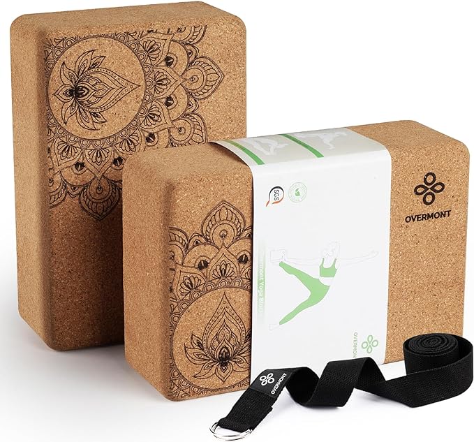 Overmont Cork Yoga Blocks 2 pack with 8ft Strap Natural Cork Bricks | High Density & Eco Friendly Yoga Accessories for Women - Ideal for Yoga Pilates General Fitness and Stretching 9x6x3''
