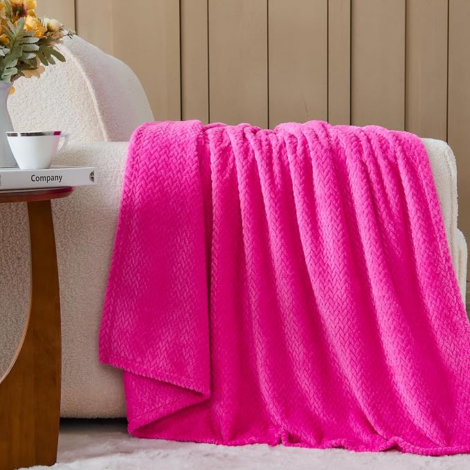 NEWCOSPLAY Fleece Leaves Pattern Twin Blanket, Hot Pink, 60"x80" | Super Soft Throw Blanket, Lightweight Cozy Bed Sofa Blanket, Premium Silky Flannel Fleece, Travel Blanket for All Season Use