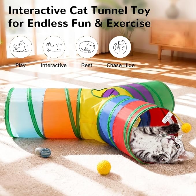 Tempcore Cat Tunnel, 3-Way Collapsible Toy, Large Size Rainbow