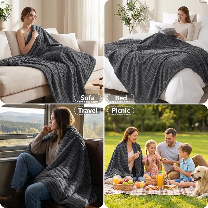 Dark Gray Twin Blanket for Bed & Couch, 60 x 80 Inch | 300GSM Ribbed Fleece Blanket, Soft, Cozy & Lightweight, OEKO-TEX Certified, All-Season Use for Travel, Dorm & Home Decor