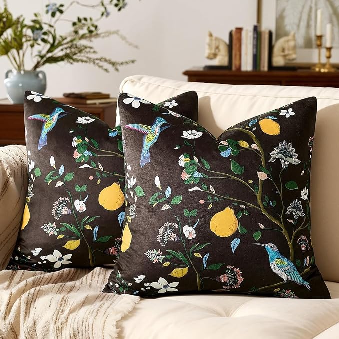 MUSSEL Brown Velvet Floral Decorative 20x20 Pillow Covers Set of 2 | Durable Sturdy,Botanical Printed Pattern,Throw Pillows Case,Square,Colorful Mid Century Cushion Covers,Sofa Couch Decor