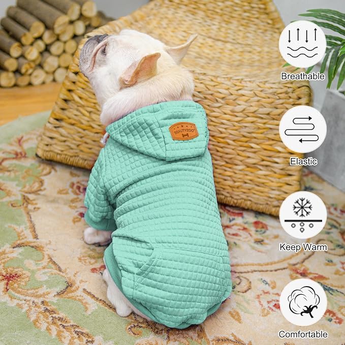 BEAUTYZOO Small Dog Hoodie Sweater with Pockets, Dog Clothes for Small Medium Dogs Boy Girl, Waffle-Like Laminated Cotton Pet Coats with Hat and Leash Hole, Mint Green S