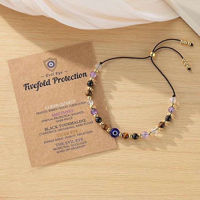 Evil Eye Bracelet for Women Tiger Eye Amethyst Energy Protection Bracelet Natural Crystal Beaded Healing Bracelet Spiritual Guardian Jewelry Gift