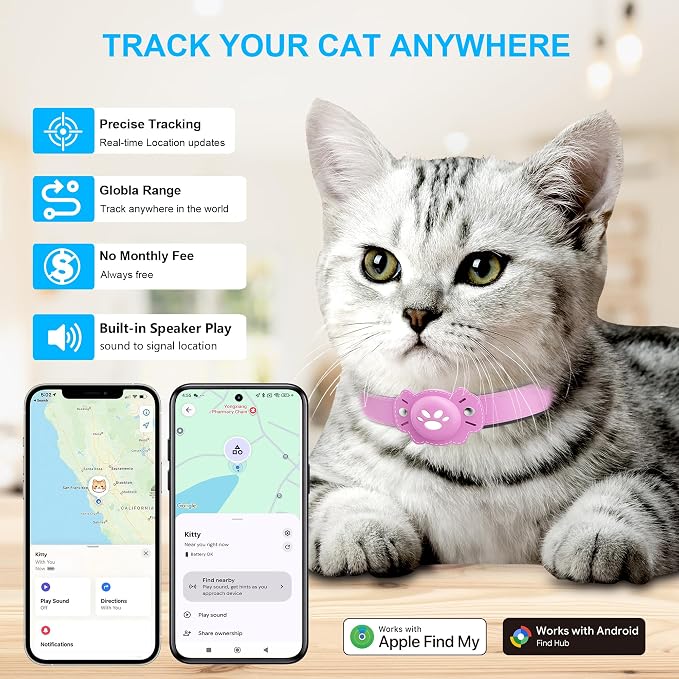 2-in-1 GPS Tracker for Cats: Smart Pet Collar with Real-Time Tracking,No Monthly Fee/Subscription (iOS & Android) Waterproof, Anti-Lost,365-Day Long Battery Life GPS Tracker Cat Collar (Pink)