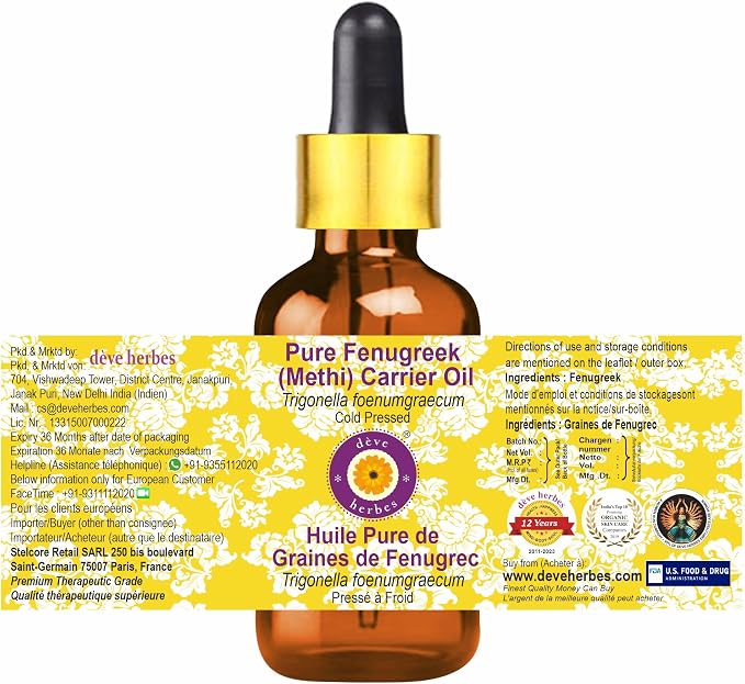 Deve Herbes Pure Fenugreek (Methi) Oil (Trigonella foenumgraecum) with Glass Dropper | Cold Pressed | Natural | Undiluted | For Diluting Essential Oils | For Hair & Skin | Unisex | 100ml X 2 (6.76 oz)