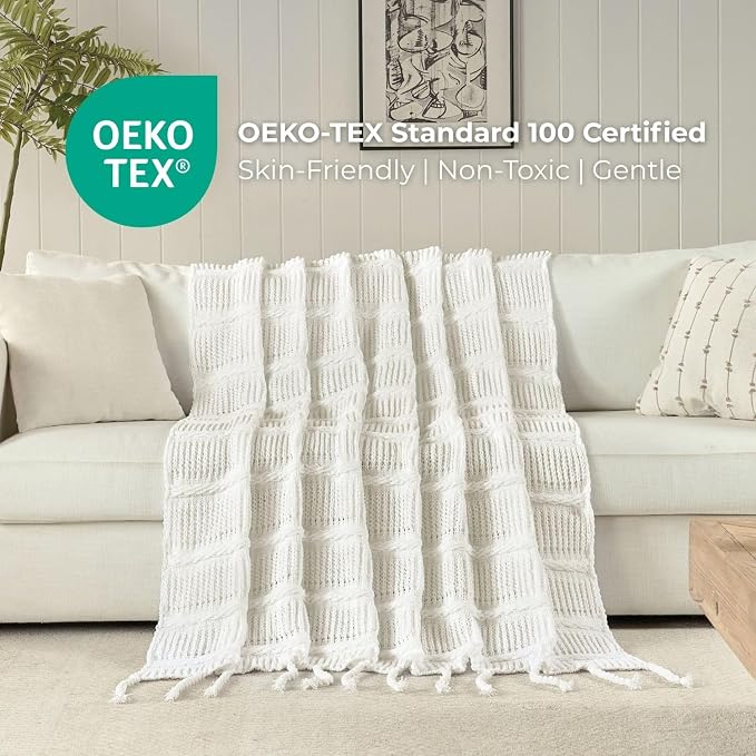 Boho Knitted Chenille Blanket with Tassels - Lightweight & Soft All-Season Throw - 3D Classic Pattern for Living Room Bedroom Couch, Cloud White, Twin 60"x80"