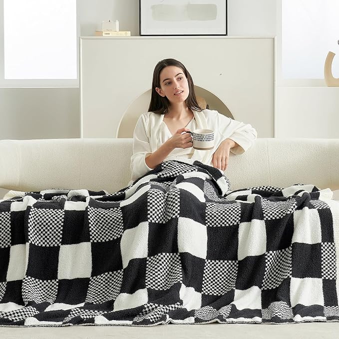 Snuggle Sac Checkered Blanket, Black Throw Blanket for Couch Plaid Microfiber Fluffy Warm Fuzzy Cozy Soft Throw Blanket Reversible Checkerered Blankets for Sofa, Chair, Bed, 50x60 inches