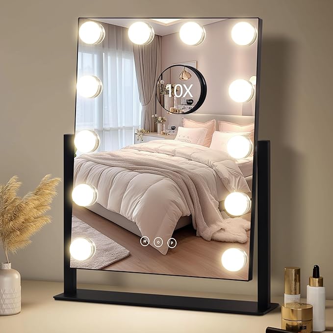 NUSVAN Vanity Mirror with Lights,Makeup Mirror with Lights,3 Color Lighting Modes Detachable 10X Magnification Mirror Touch Control,360°Rotation,White