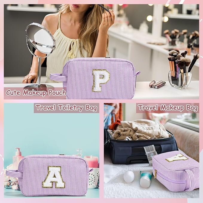 YOOLIFE Makeup Bag: Initial Monogram Cosmetic Travel Makeup Pouch, Purple for Women