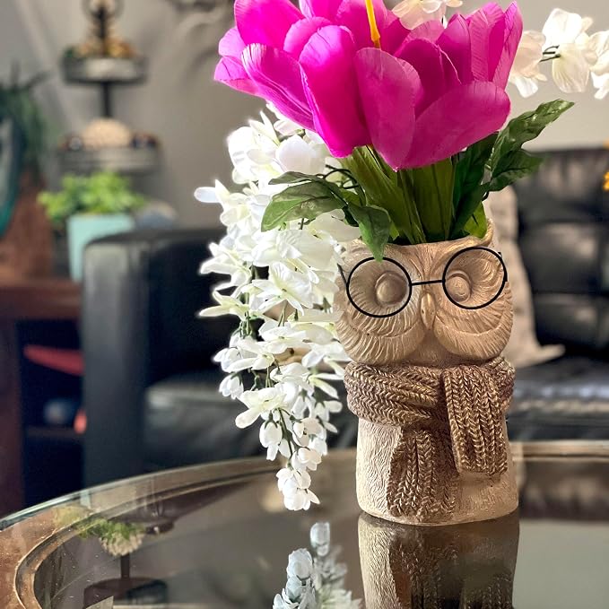 Owl Cement Vase, 8.25 Inch Bespectacled Woodland Planter | Horned Tufts, Distressed Taupe Finish, Real Black Wire Glasses, Gold-Brushed Knit Scarf, 2.75 Inch Opening