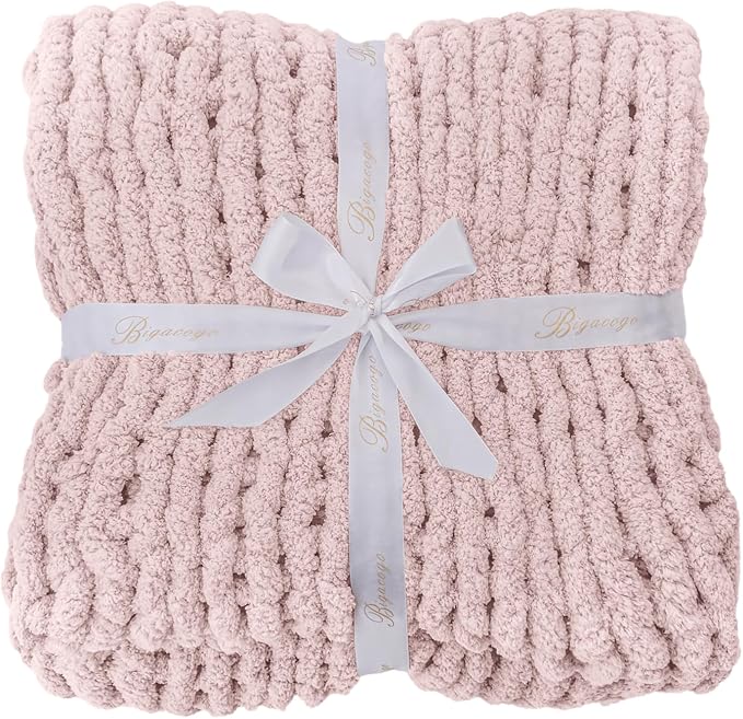 Bigacogo Chunky Knit Throw Blanket for Couch, 51x63 inches, Rose Tan | Hand Knit with Jumbo Chenille, Soft Breathable Cable Knit for Sofa Bed Living Room, Machine Washable, Gift for Mom Friend