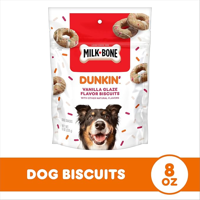 Milk-Bone Dunkin’ Vanilla Glaze Flavor Dog Biscuits, 8 Oz. | Vanilla glaze flavor with other natural flavors, Donut-inspired dog treats