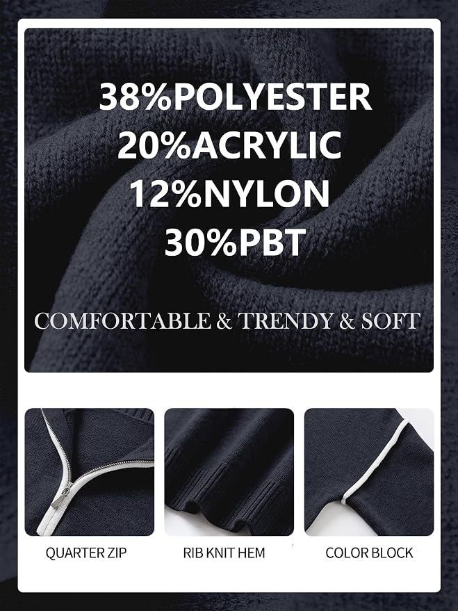 ANRABESS Womens Quarter Zip Sweaters Fall Long Sleeve V Neck Shirts Collared Business Casual Tops Knit Pullover Sweatshirts