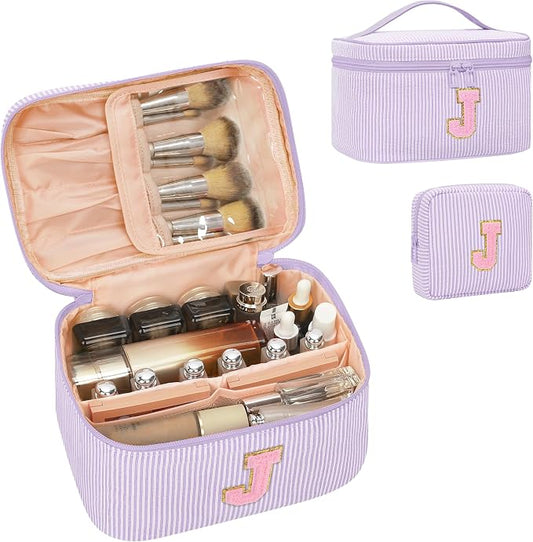 MONSTINA Initial Makeup Bag with Brush Holder and Divider,Birthday Gifts for 4 5 6 7 8 9 10 11 12 Year Old Girls, Personalized Preppy Cosmetic Bag |Cute Toiletry Bag,2PCS,Purple J
