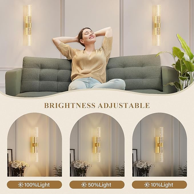 camuucci Battery Operated Wall Sconces Set of 2, Rechargeable Wall Lights | 12000mAh Long-Lasting Battery,Dimmable Cordless Sconce,No Wiring Needed for Bedroom,Living Room,Gold 15.3-Inch