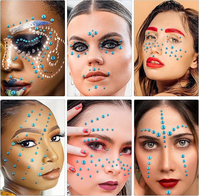 591pcs Face Gems Hair Gems Pearls, Self-Adhesive Face Jewels Eye Rhinestones 3/4/5/6/8 mm Face Gem Stick on, Halloween Makeup Gems Rave Accessories for Face Eyes Body Makeup (19.Aqua Blue)