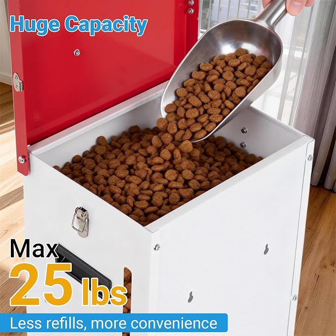 Automatic Dog Feeder - 25LBS Capacity Auto Gravity Dispenser | Powder Coated Dog Feeder, Waterproof for Indoor & Outdoor Use, 12.3"L x 10.5"W x 21.3"H, Red and White