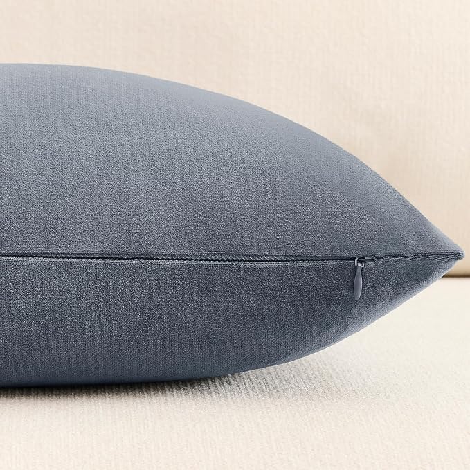 Throw Pillow Covers Set of 2 18x18 Inch Velvet Pillow Covers, Soft Blue Grey Decorative Covers for Couch Sofa Bed Living Room, Neutral Farmhouse Covers, Home Boho Decor